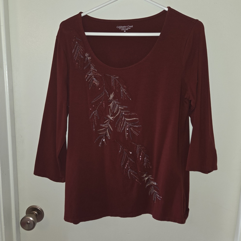 Coldwater Creek Deep Red 3/4 Sleeve Top with Embroudered Leaf Pattern